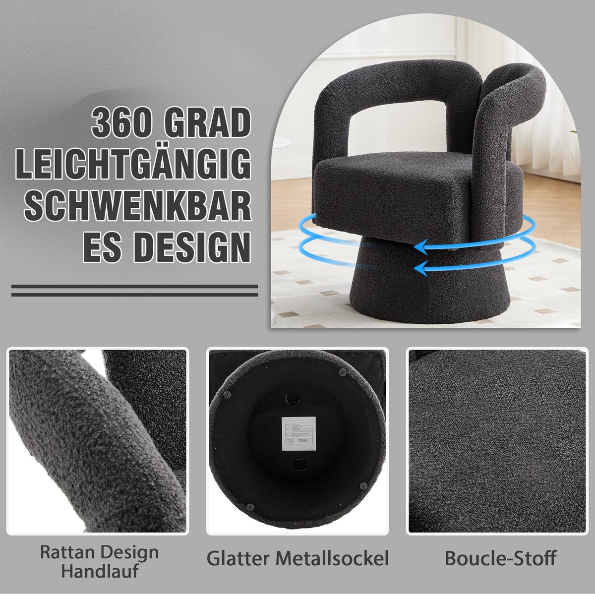 DREHSESSEL 360° Boucle Akzentstuhl Polstersessel für Wohnzimmer & Büro - Dunkelgrau, Textil (67/74/55cm) - Urban Meuble