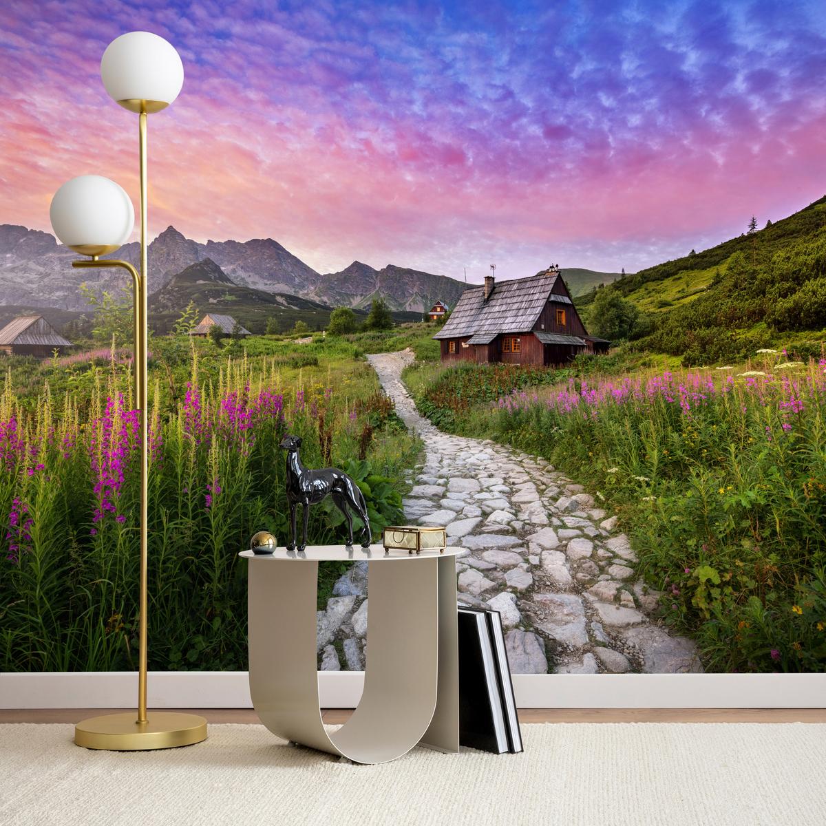FOTOTAPETE für Schlafzimmer Berglandschaft Holzchalet Natur 500x350 - Beige/Violett, Papier (500/350cm) - Muralo