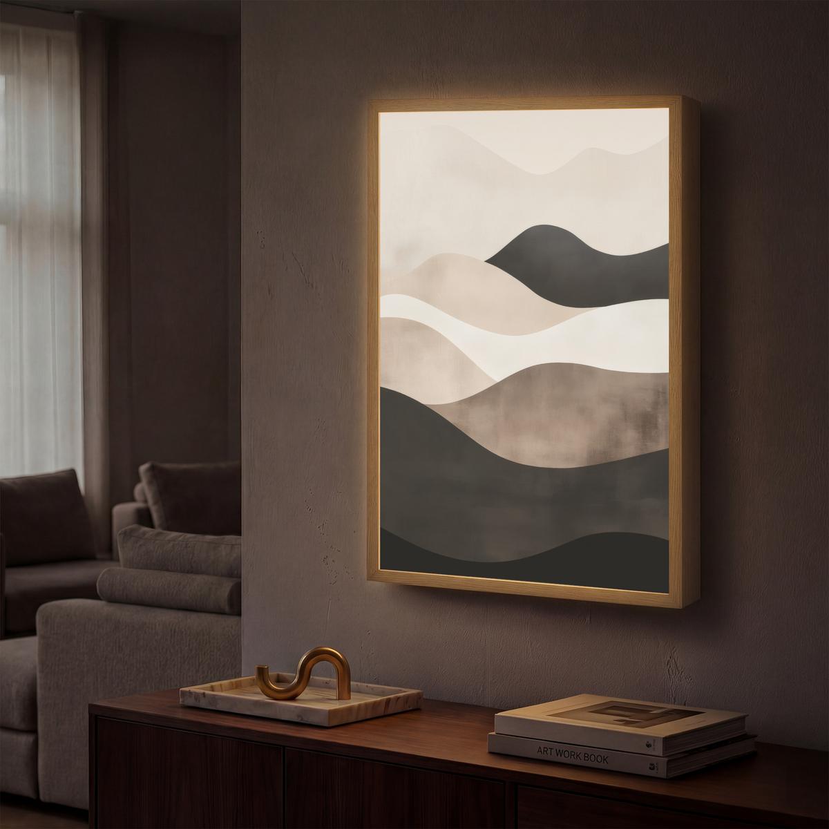WANDLEUCHTE MIT AKKU Abstrakt - Landschaft - Wellen - Cremefarben 40x60 cm - Graubraun, Holzwerkstoff (40/60/8cm) - OnlyWow