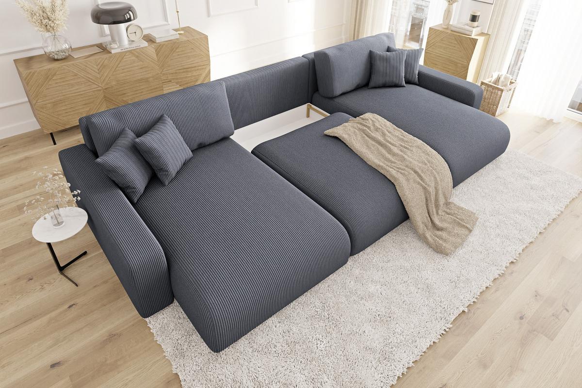 WOHNLANDSCHAFT Emma Grau Cord - Schwarz/Grau, Holz/Kunststoff (332/78/170cm) - S-Style Möbel