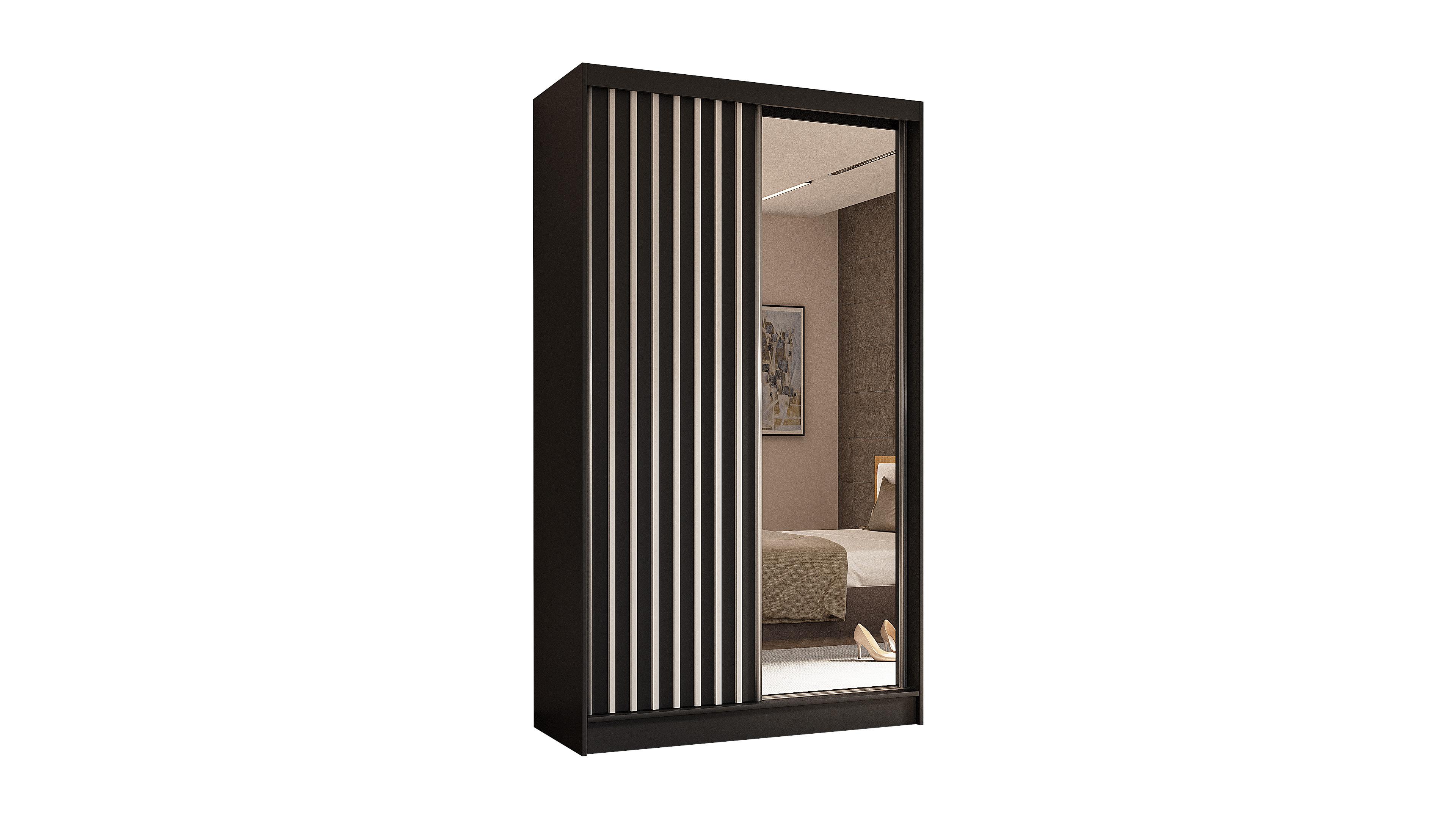 KLEIDERSCHRANK mit Spiegel-Schiebetüren und Aluminium-Leisten, LED-Beleuchtung - LAMELO - 120 cm Schwarz+Schwarz+Weiß - Schwarz/Weiß, Holzwerkstoff (120/216/61cm) - ALTDECOR