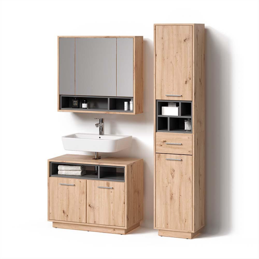 BADMÖBEL-SET Temo Artisan-Eiche 3 Teile, mit Hochschrank - Eiche Artisan, Holzwerkstoff (80/64/40cm) - Livinity®