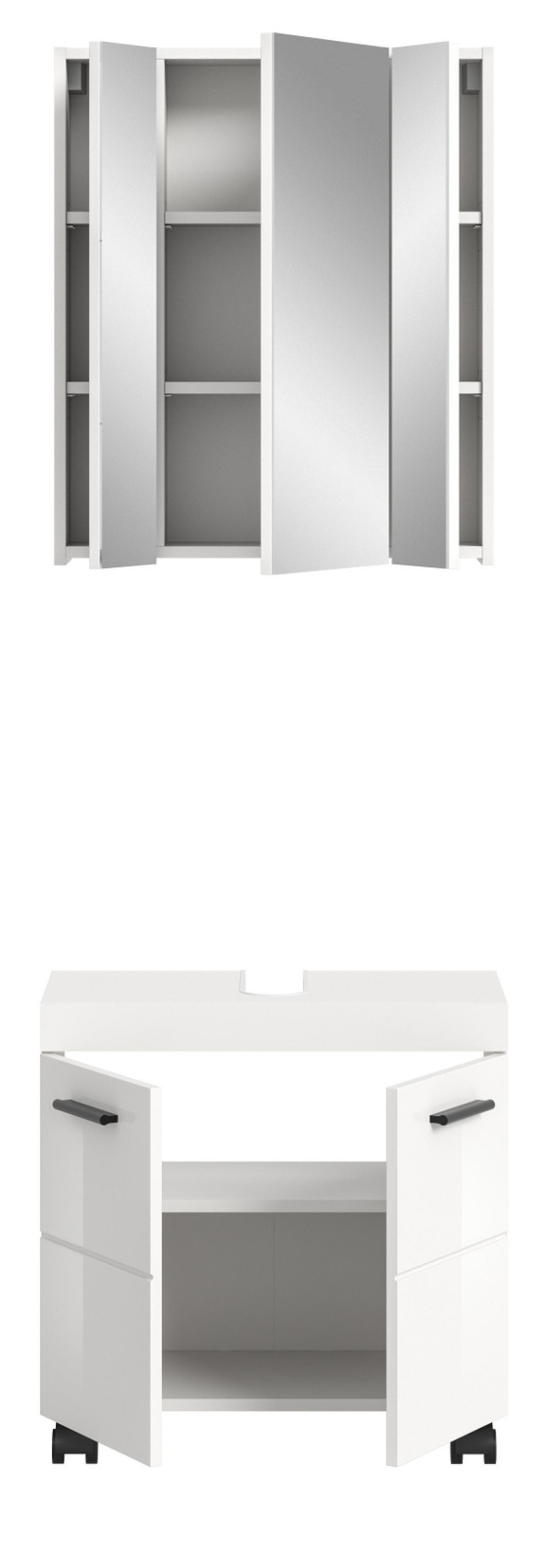 BADMÖBEL-SET weiß Hochglanz 2-teilig 60 cm, Badkombination auf Rollen - Weiß Hochglanz/Schwarz, Glas/Holzwerkstoff (60/191/30cm) - Inn.Furn