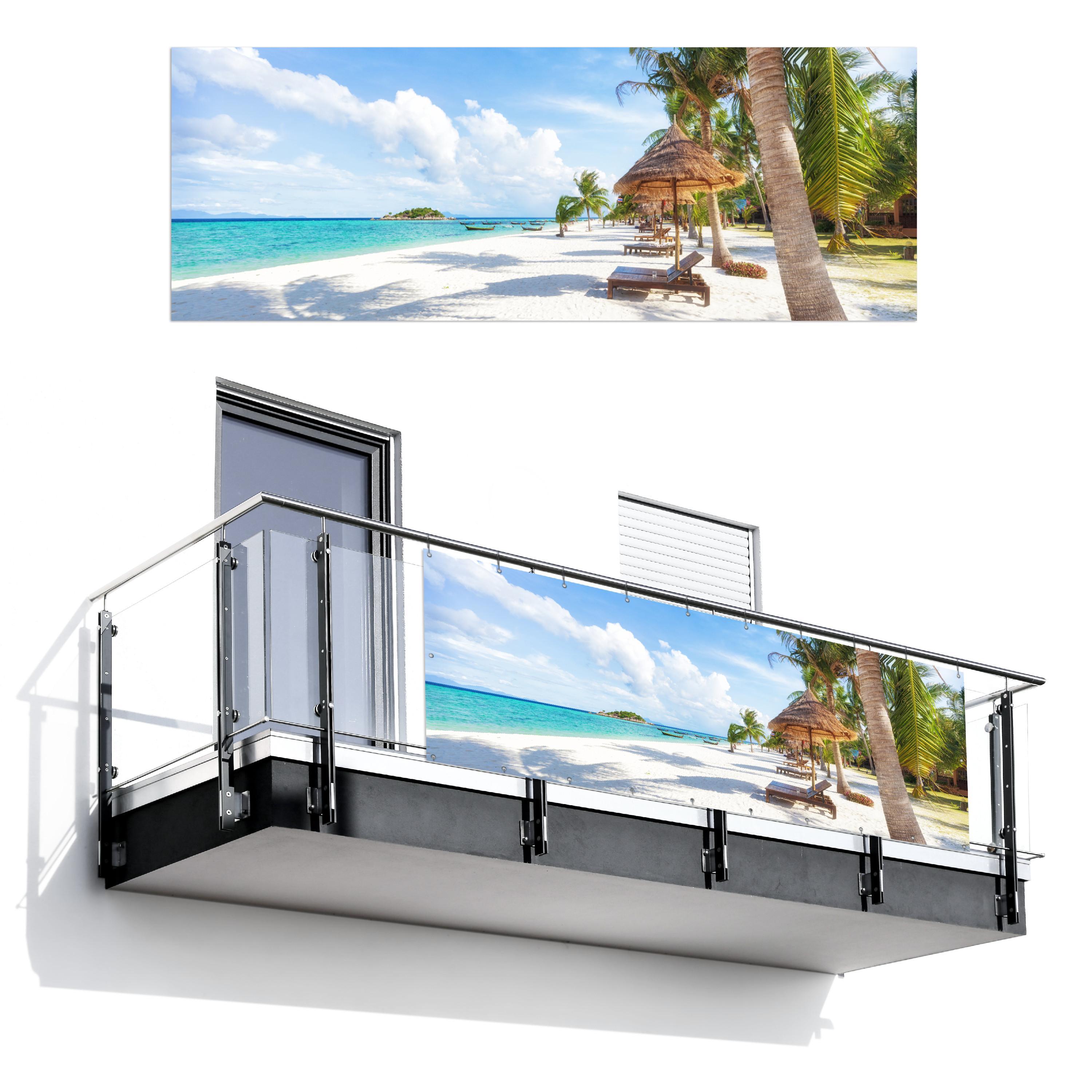 BALKON-SICHTSCHUTZ Strand - Meer - Palmen Balkon Deko 300x110 cm - Hellblau, Kunststoff (300/110cm) - MuchoWow