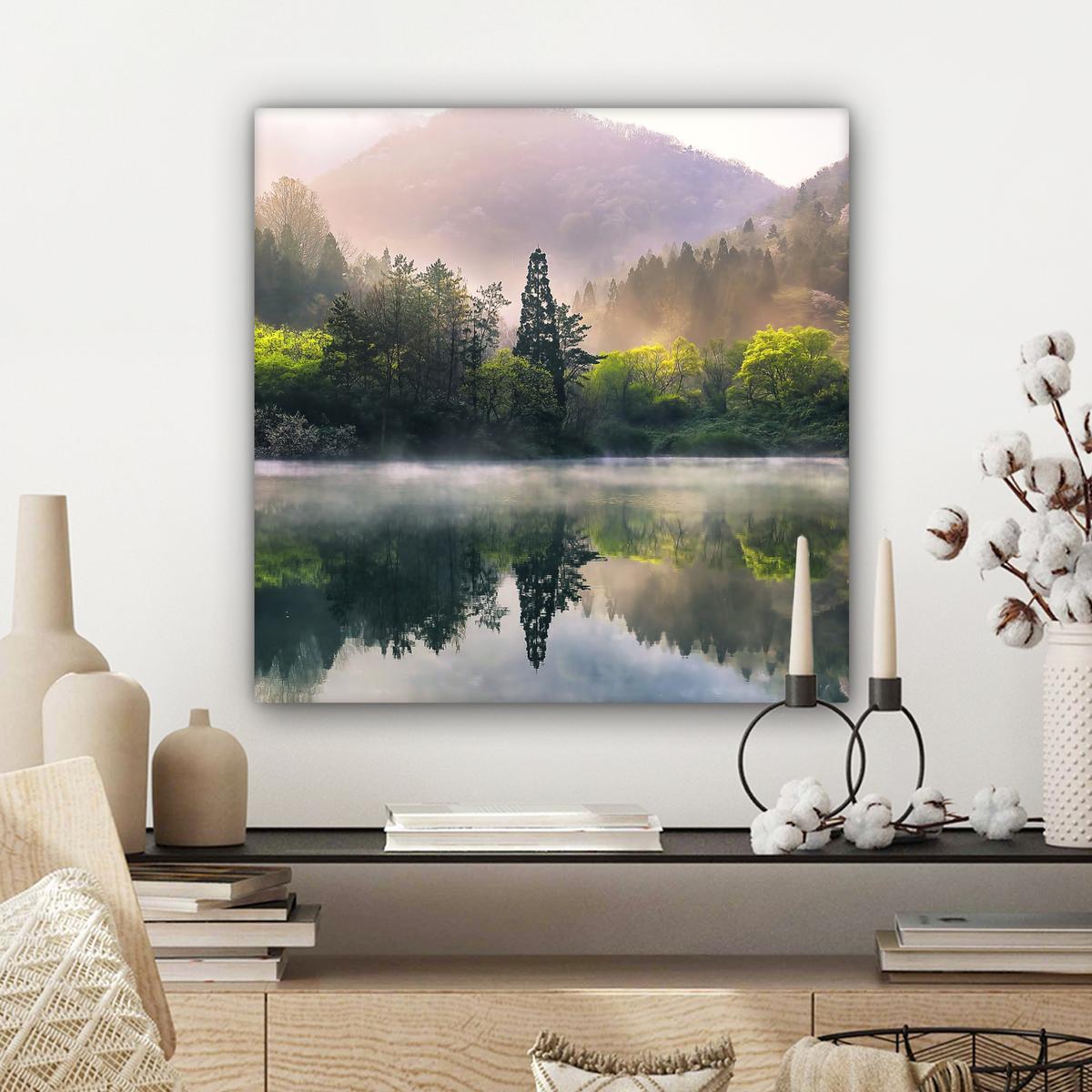 LEINWANDBILD Natur - Bäume - Berge - See - Wasser Wandbild Wohnzimmer 50x50 cm - Hellgrün, Textil (50/50cm) - MuchoWow