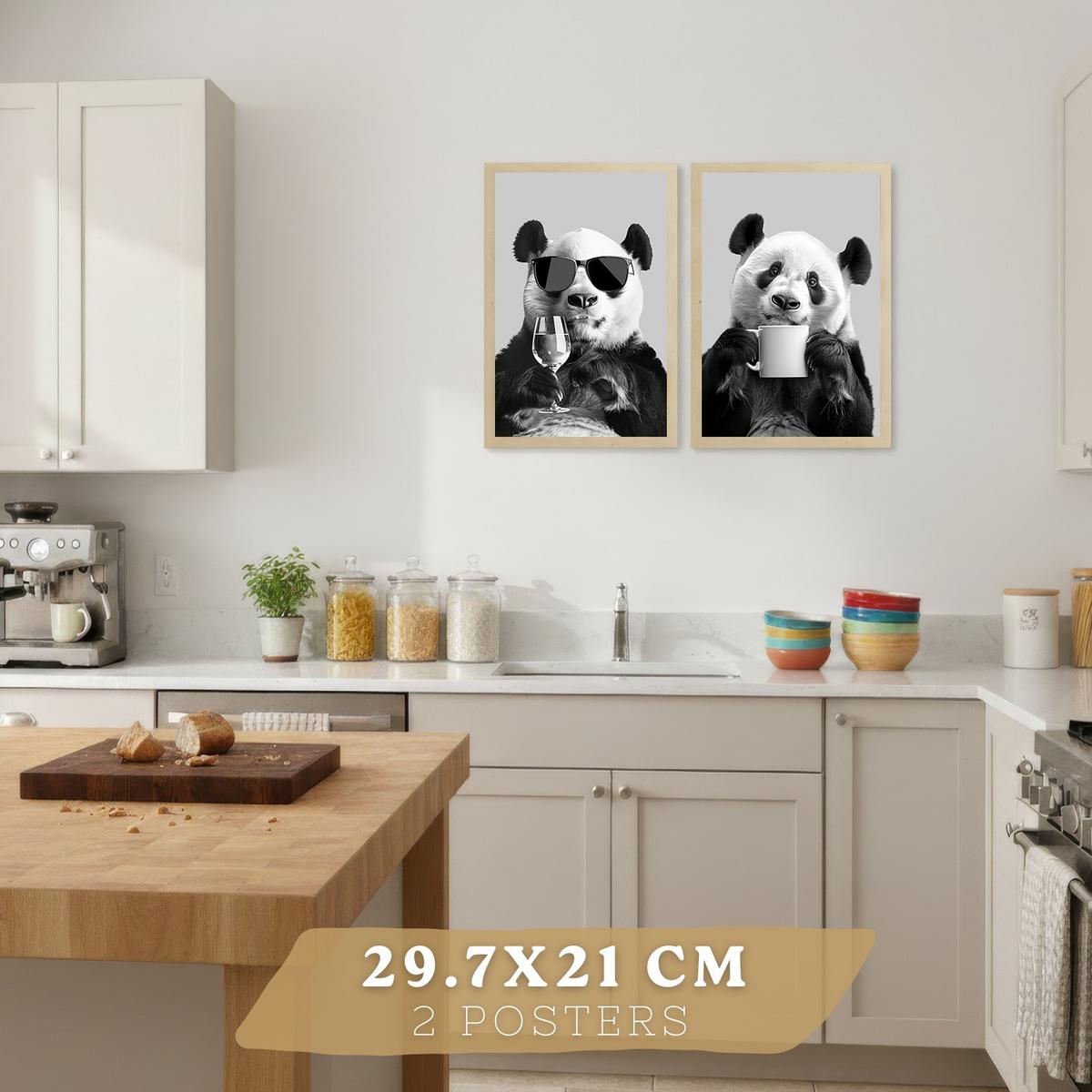 POSTER 2er Set Lustige Panda-Wandbilder Schwarz Weiß Tier Weinglas und Kaffeetasse Küche Wanddeko Rahmenlos A4 - Beige, Papier (29.7/1/21cm) - Nacnic