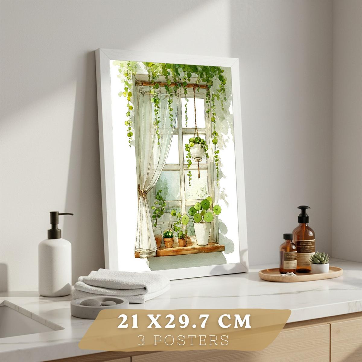 POSTER 3er-Set dekorative Badezimmerbilder im Naturstil mit grünen Pflanzen, Dusche und Ablage, minimalistisches, Wohndekoration Rahmenlos A4 - Klar, Papier (29.7/21/3cm) - Nacnic