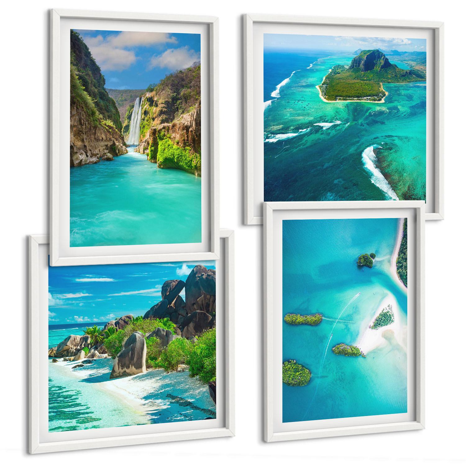BILDER SET 4er Set - 50x50 cm & 40x60 cm Weißer Rahmen - Tropische türkisfarbene Inseln - Weiß, Kunststoff (50/50cm) - TULUP