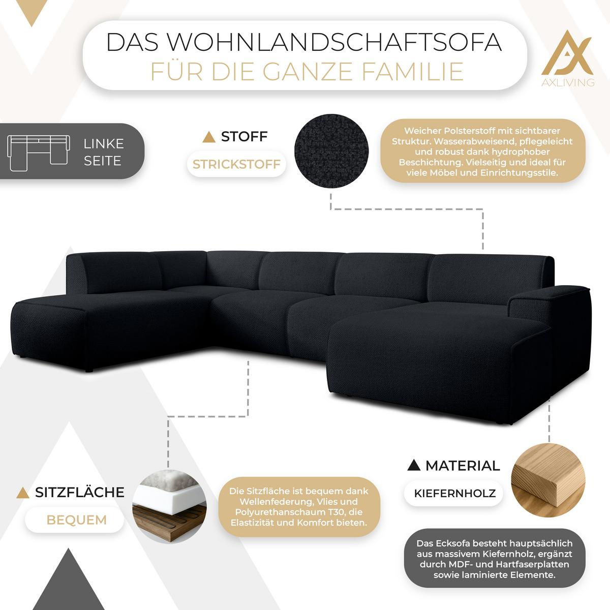 WOHNLANDSCHAFT Didim Dunkelgrau 378/220/78 cm – großes Sofa stilvoll & bequem L - Schwarz, Kunststoff/Textil (220/78/378cm) - AX Living