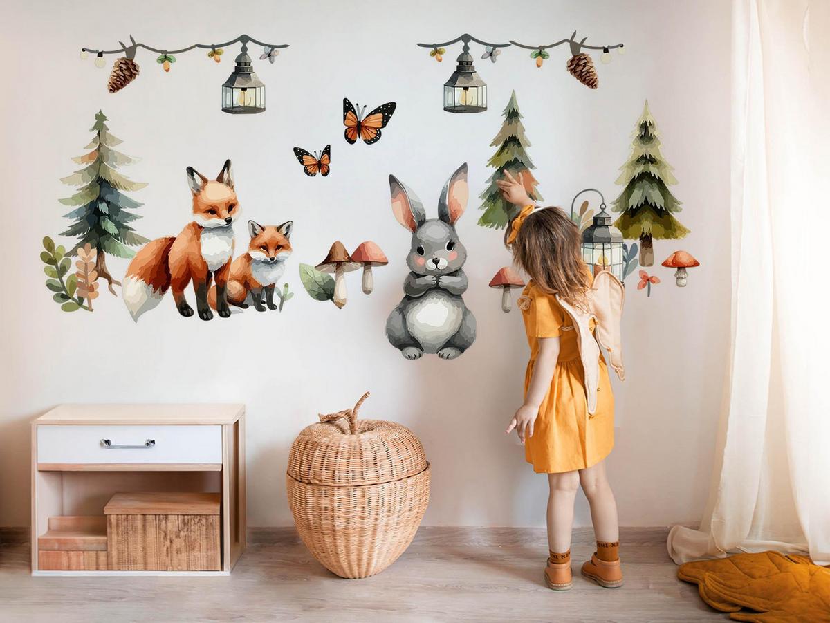 WANDAUFKLEBER 130x140cm - Waldtiere und Pflanzen - Multicolor, Kunststoff (130/140/0.1cm) - Wallfluent