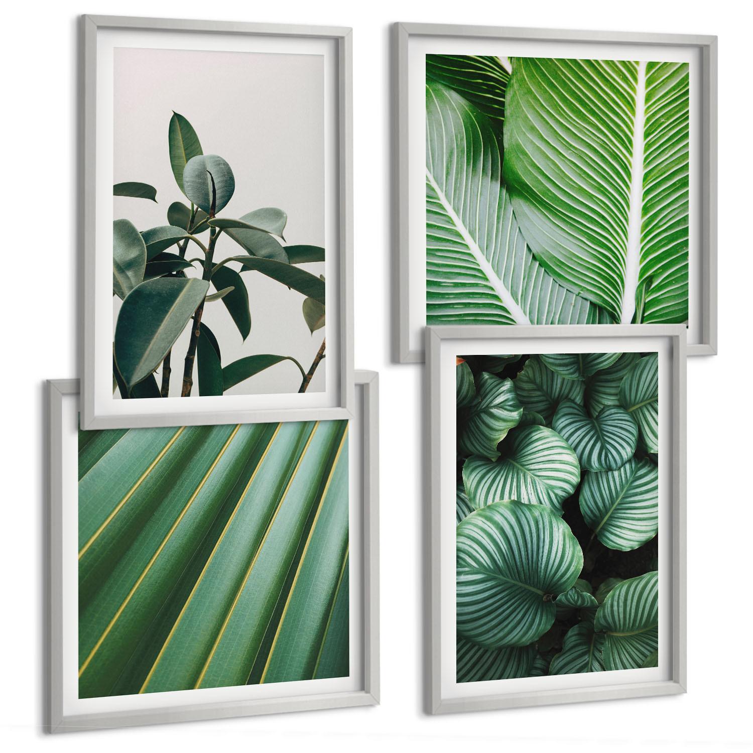 BILDER SET 4er Set - 50x50 cm & 40x60 cm Silberner Rahmen - Tropische Blätter in Grün - Silberfarben, Kunststoff (50/50cm) - TULUP