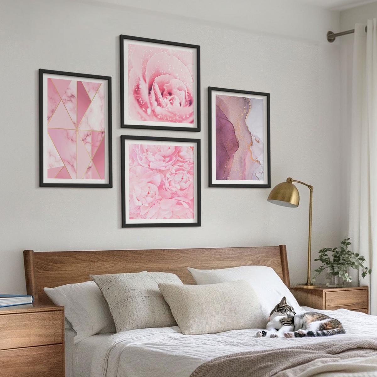 BILDER SET 4er Set - 50x50 cm & 40x60 cm Schwarzer Rahmen - Rosa geometrische Pfingstrosen - Schwarz, Kunststoff (50/50cm) - TULUP