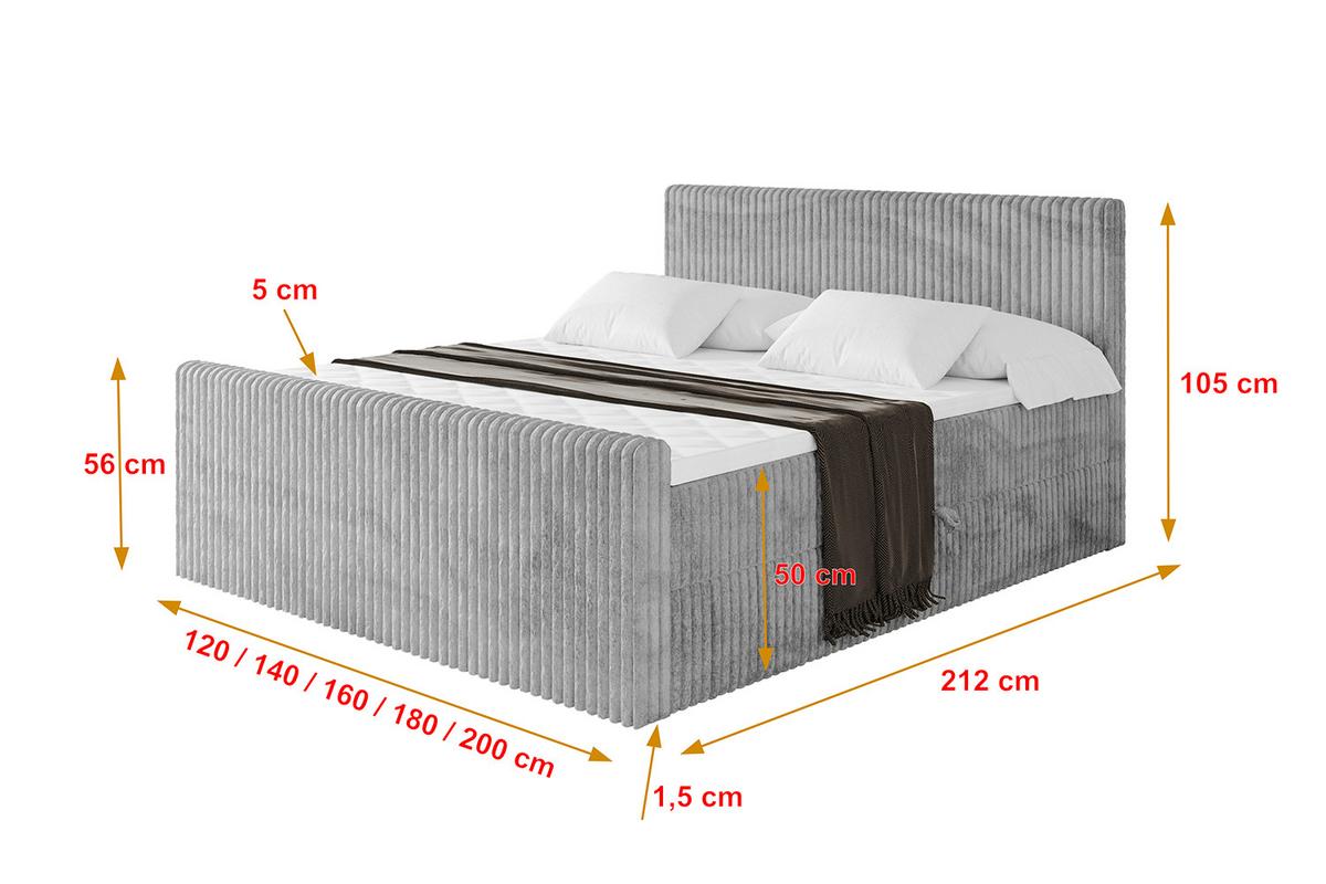 BOXBETT mit Matratze H3 und Lattenrost - TOLO-Z - 140x200 Cord - Hellgrau - Hellgrau, Holzwerkstoff (140/200cm) - ALTDECOR