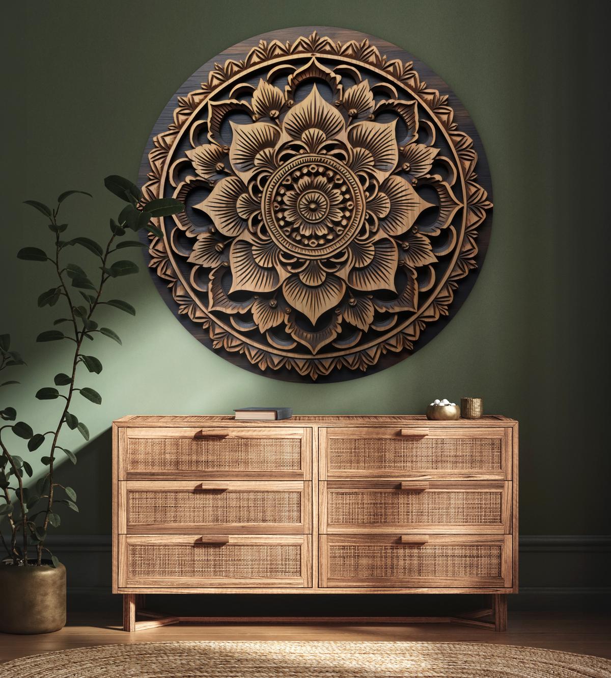 WANDBILD Mandala - Holz - Blumen - Braun Deko Groß 150x150 cm - Gelb, Kunststoff (150/150cm) - MuchoWow