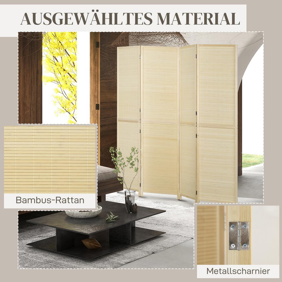 PARAVENT 4 TLG. 180 x 180 cm Faltbar aus Bambus Natur - Naturfarben, Naturmaterialien (1.6/180/180cm) - HOMCOM