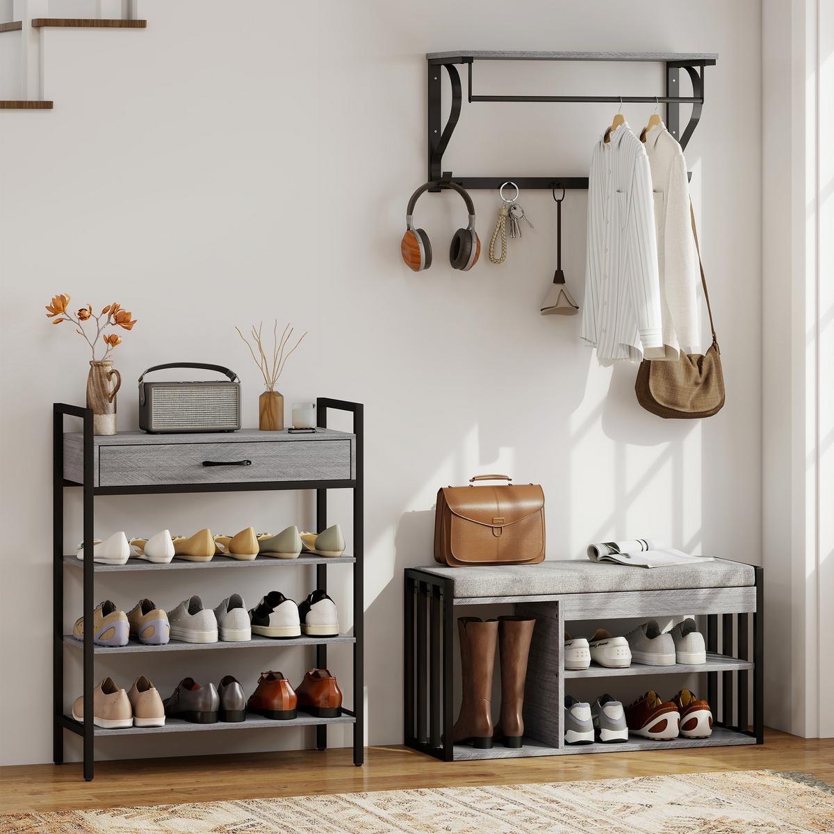 SCHUHREGAL 4 Ebenen Wandgarderobe mit Ablage 5 Haken und Stange gepolstert - Schwarz/Grau, Holzwerkstoff/Metall (30/87.6/70cm) - HOMCOM