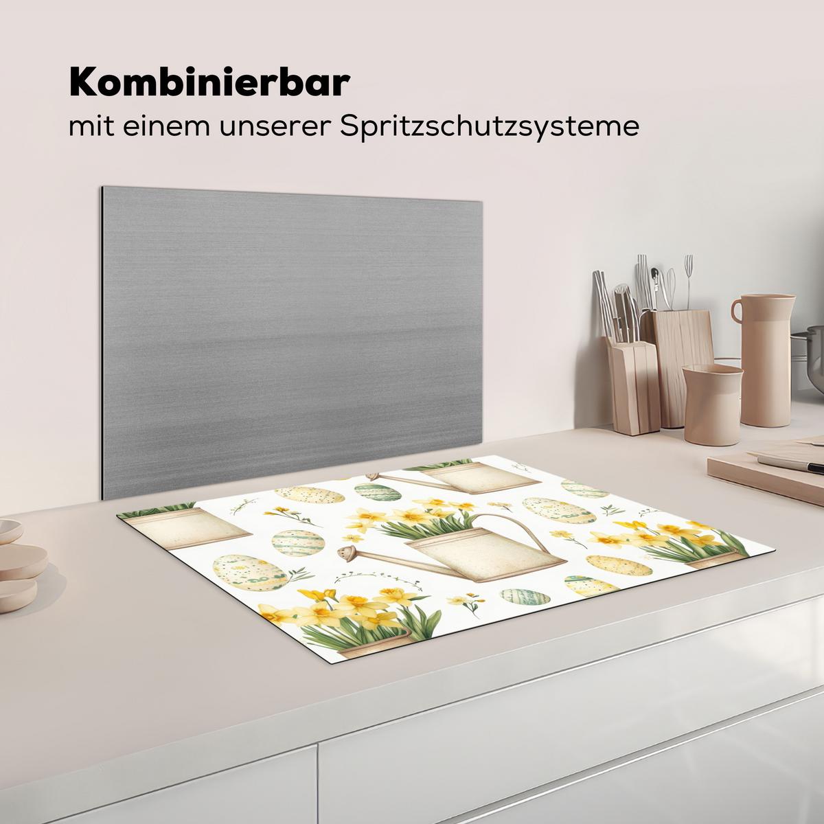 HERDABDECKPLATTE Gießkanne - Blumen - Eier Herdabdeckung Induktionsfeld 70x52 cm - Weiß, Kunststoff (70/52/0.2cm) - MuchoWow