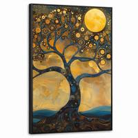 LEINWAND Bilder mit Rahmen - Baum - Mond - Blumen - Gold - Kunst - 60x90 - Orange, Textil (60/90cm) - MuchoWow