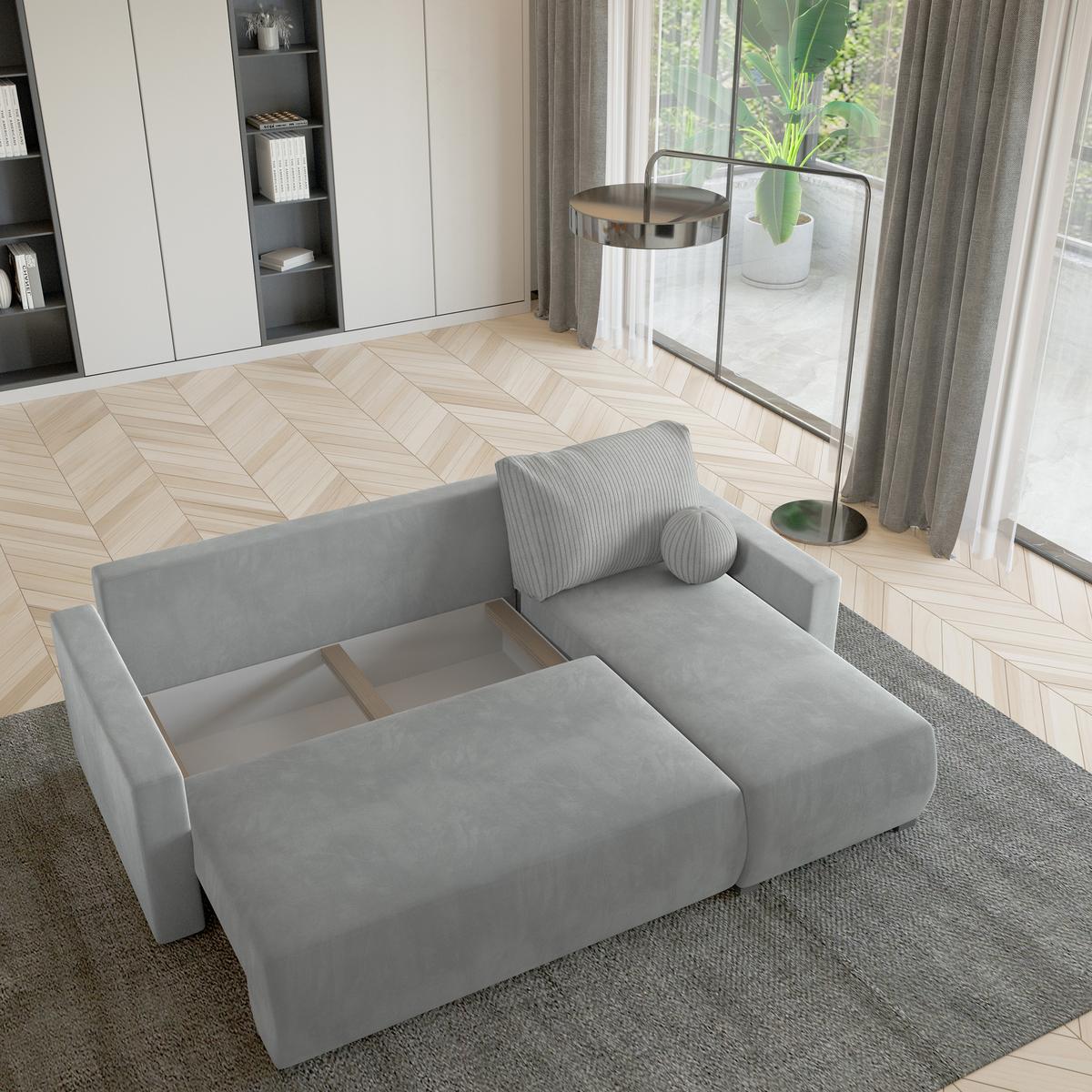 ECKSOFA SORGE Hellgrau Plüsch-Stoff mit Schlaffunktion - Hellgrau, Holz (220/143cm) - MASSENO