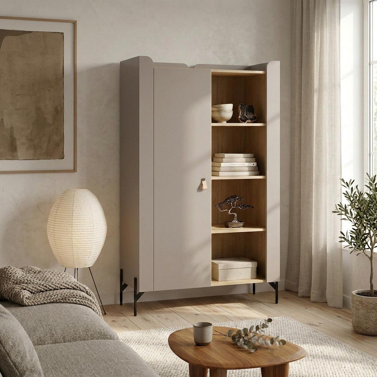 BÜCHERREGAL Sorella mit 1-türig, 3 offenen Regalböden, 100 cm, Porcini + Eiche Mavelie - Eichefarben/Cappuccino, Leder/Holzwerkstoff (100/151/51cm) - Beautysofa