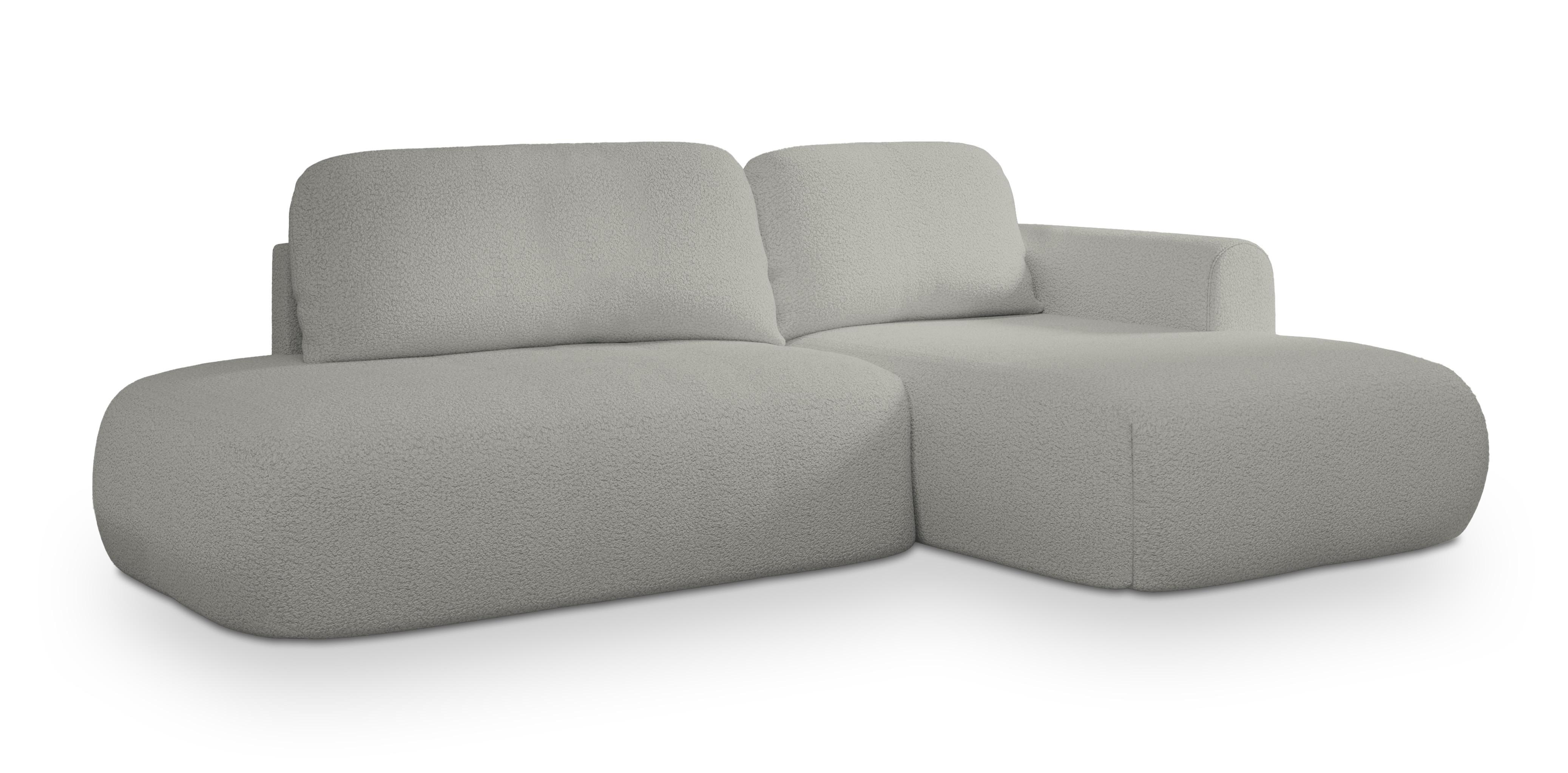 ECKSOFA NUVIRA R-S Hellgrau Boucle-Stoff mit Schlaffunktion - Hellgrau, Holz (279/158cm) - MASSENO