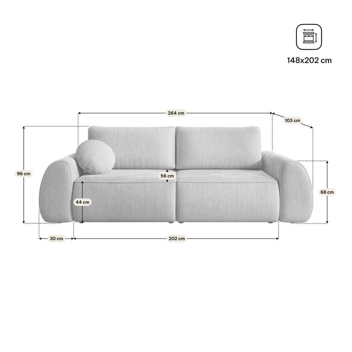BETTSOFA ZEFEO Beige Kordstoff mit Schlaffunktion - Beige, Textil (264/96/106cm) - MASSENO