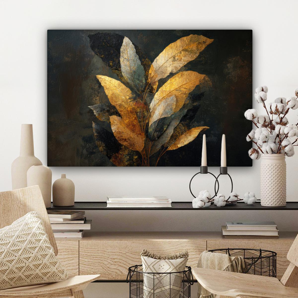 LEINWANDBILD Golden Leaf Komposition - Botanical Luxury Gemälde 60x40 cm - Goldfarben/Schwarz, Textil (60/40cm) - MuchoWow