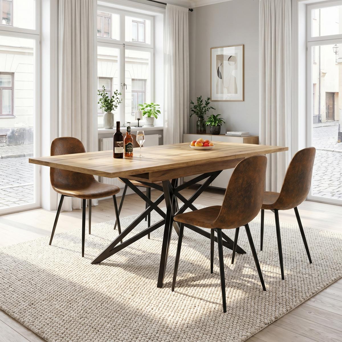 ESSTISCH-SET 1+4, ausziehbarer Tisch mit 4 Esszimmerstühlen - Walnussfarben/Schwarz, Holzwerkstoff (120/66.1/80cm) - Urban Meuble