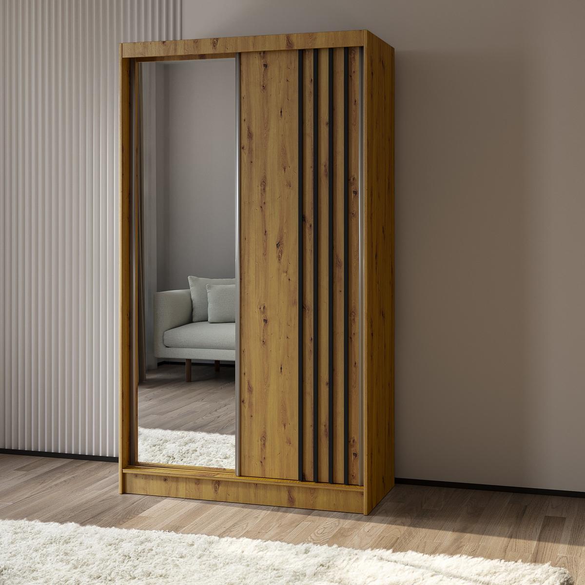 SCHWEBETÜRENSCHRANK NELVIA 120/216/61 cm 2-türig mit Spiegel Eiche Artisan - Eiche Artisan, Holzwerkstoff (120/216/61cm) - MASSENO