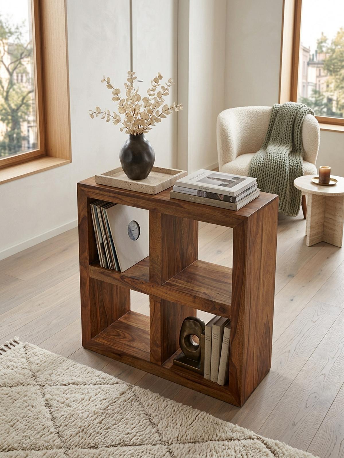 STANDREGAL – Naturholz, Massiv, 4 Fächer, 82x82x34 cm - Braun, Holz (82/82/34cm) - KADIMA DESIGN