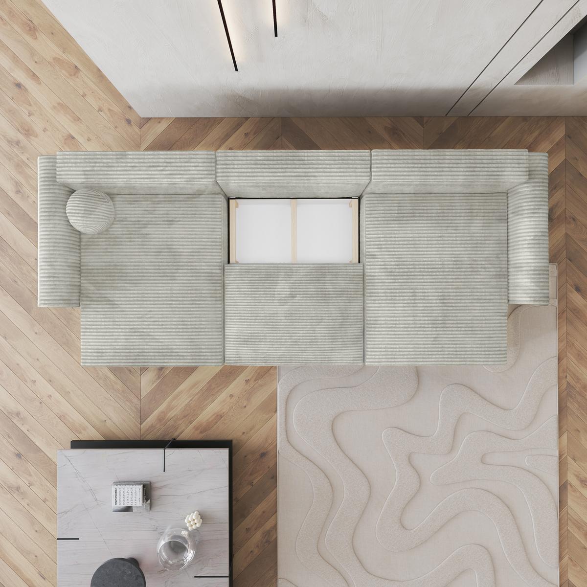 WOHNLANDSCHAFT FENTO Hellgrau Kordstoff mit Schlaffunktion - Hellgrau, Holz (347/90/148cm) - MASSENO