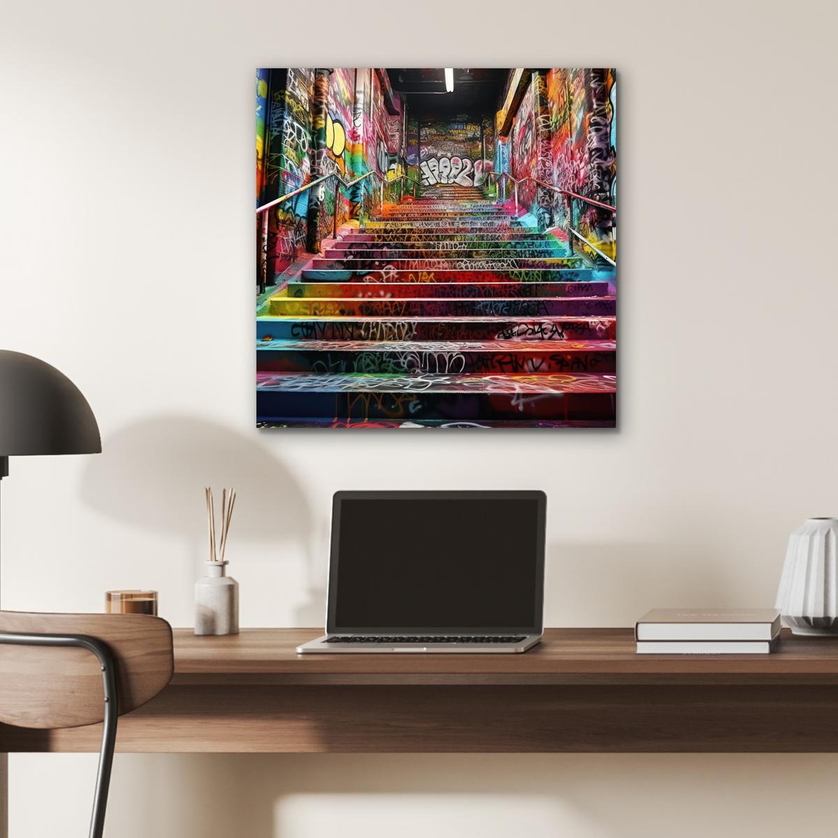 METALLBILD Treppe - Graffiti - Farben - Kunst 50x50 cm - Multicolor, Metall (50/50cm) - MuchoWow