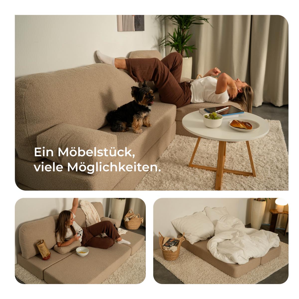 ECKSOFA SABI modulares Boneless Sofa mit Schlaffunktion Hellgrau Boucle-Stoff - Hellgrau, Textil (200/120cm) - MASSENO