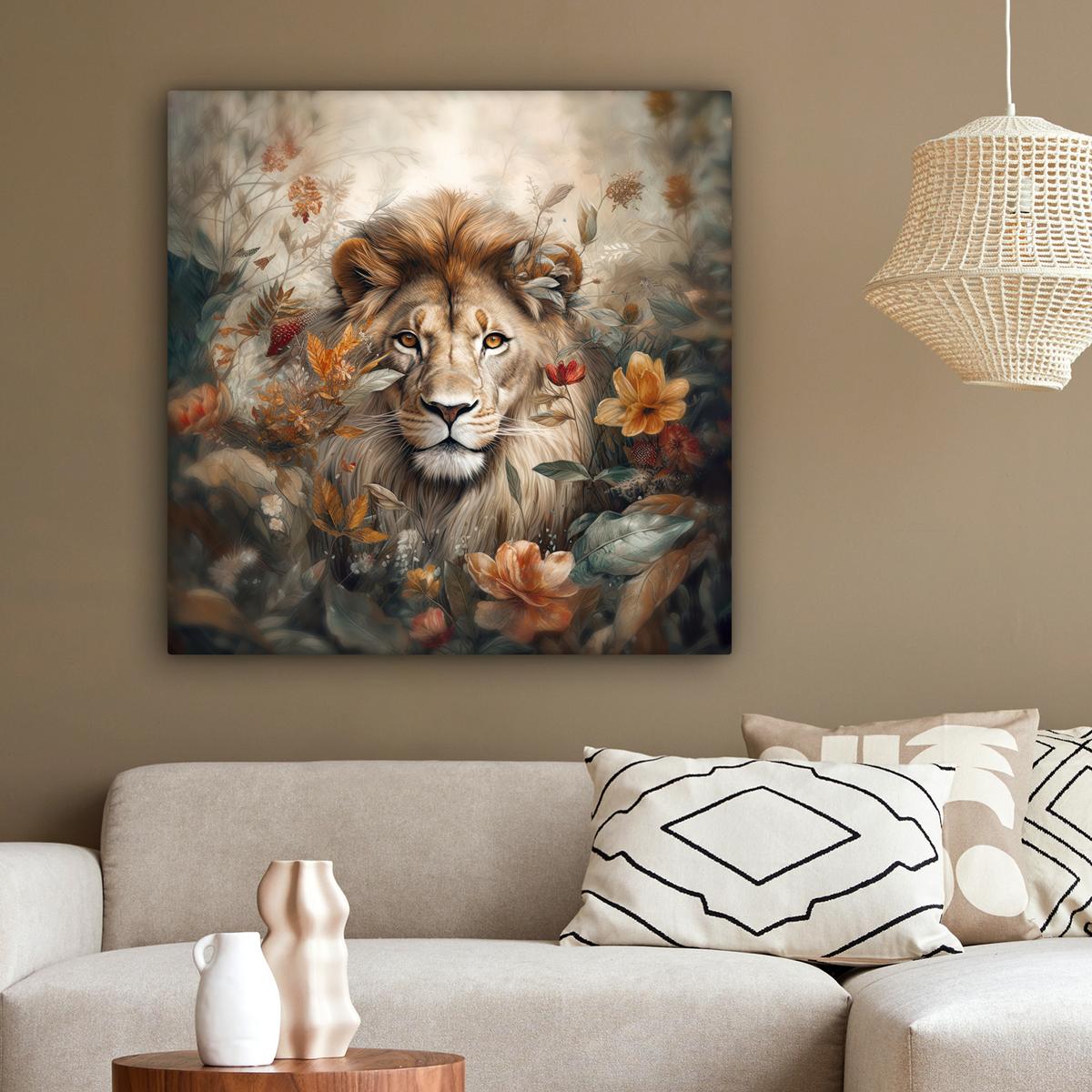 LEINWANDBILD Löwe - Wildtiere - Pflanzen - Natur - Blumen Deko Groß 90x90 cm - Beige, Textil (90/90cm) - MuchoWow