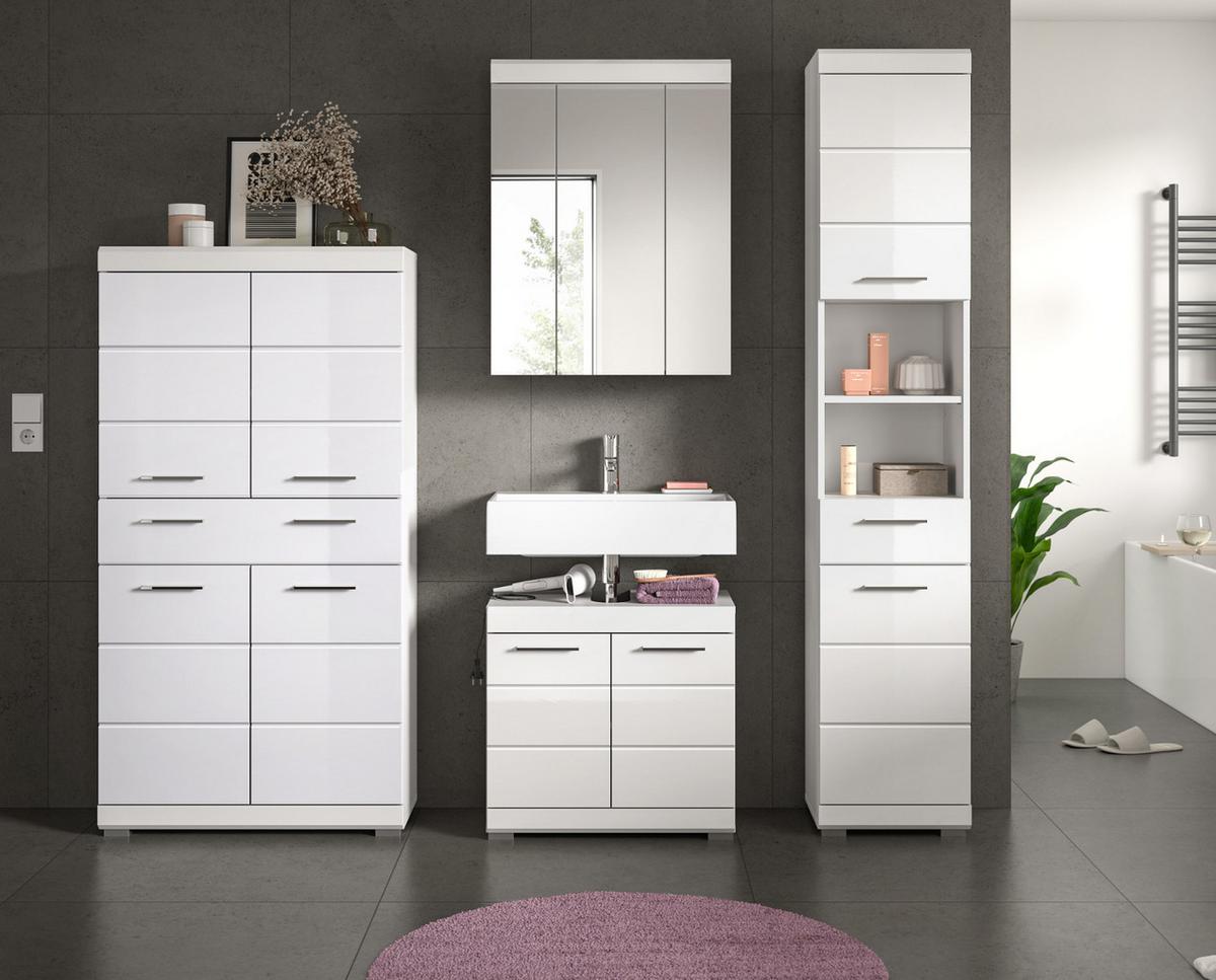 MIDISCHRANK weiß Hochglanz 74 x 141 cm, Badschrank 4-türig - Weiß Hochglanz/Silberfarben, Holzwerkstoff/Kunststoff (74/141/31cm) - Inn.Furn