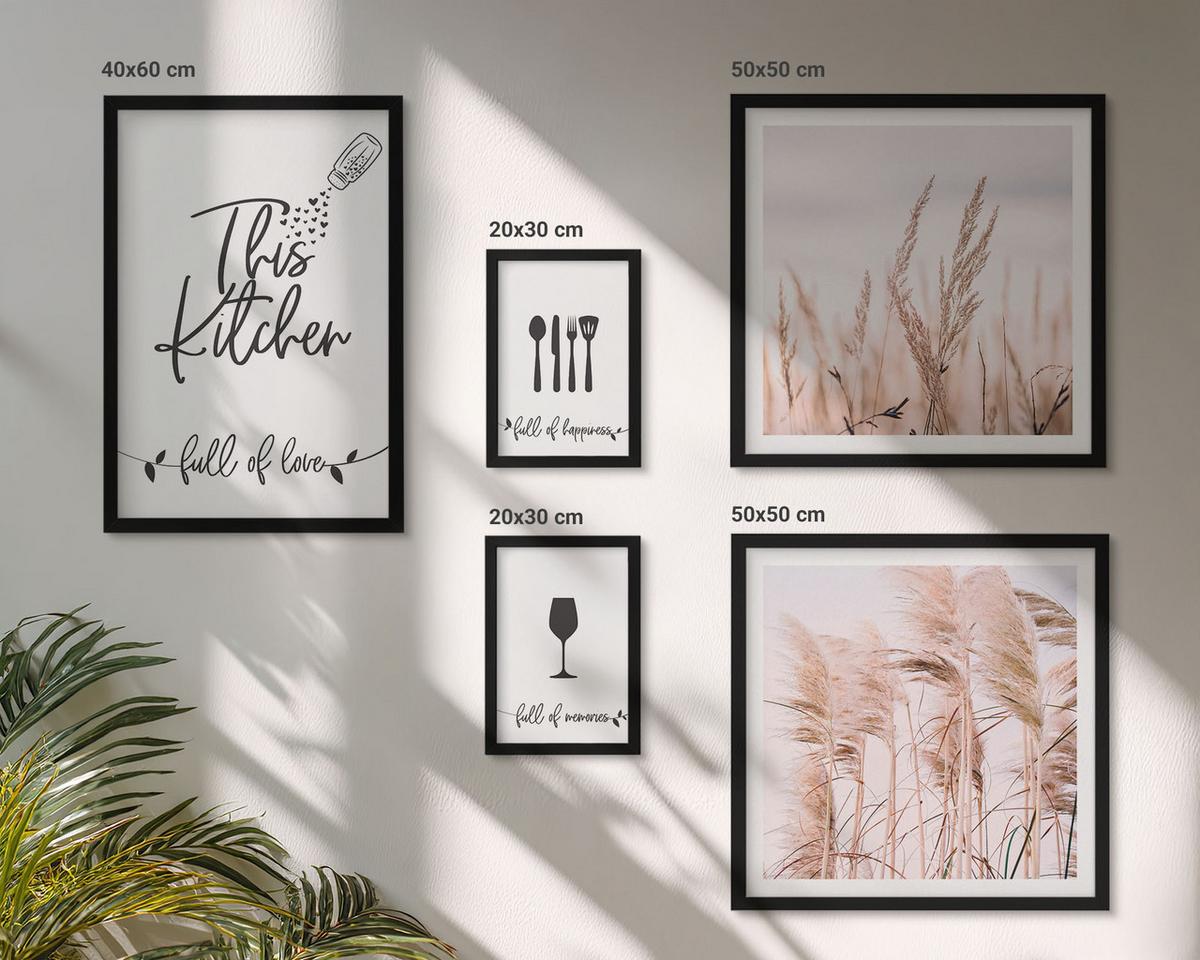 BILDER SET 5er Set - 50x50 cm & 20x30 cm & 40x60 cm Schwarzer Rahmen - Abstrakte Blattmalerei - Schwarz, Kunststoff (40/60cm) - TULUP