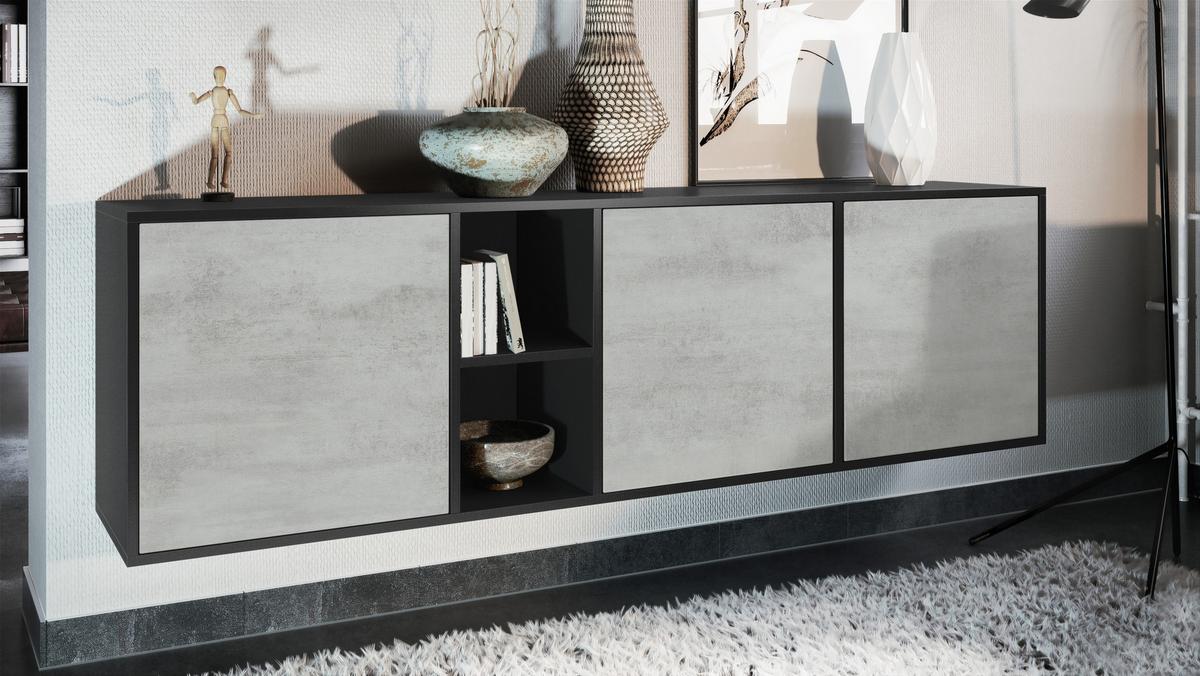 SIDEBOARD Cuba Türen in Beton Oxid Optik - Hellgrau, Holzwerkstoff (182/53/35cm) - Vladon