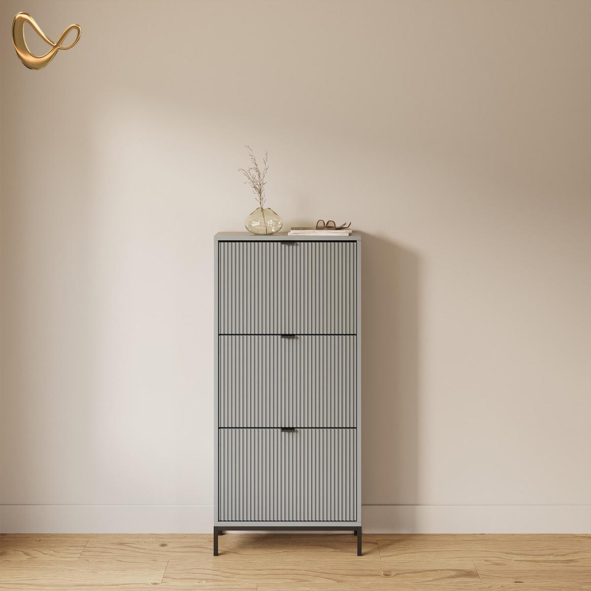 SCHUHKIPPER Aterno Grau 60 x 130 cm mit 3 Klappschubladen - Grau, Holzwerkstoff (60/130/24cm) - Livinity®