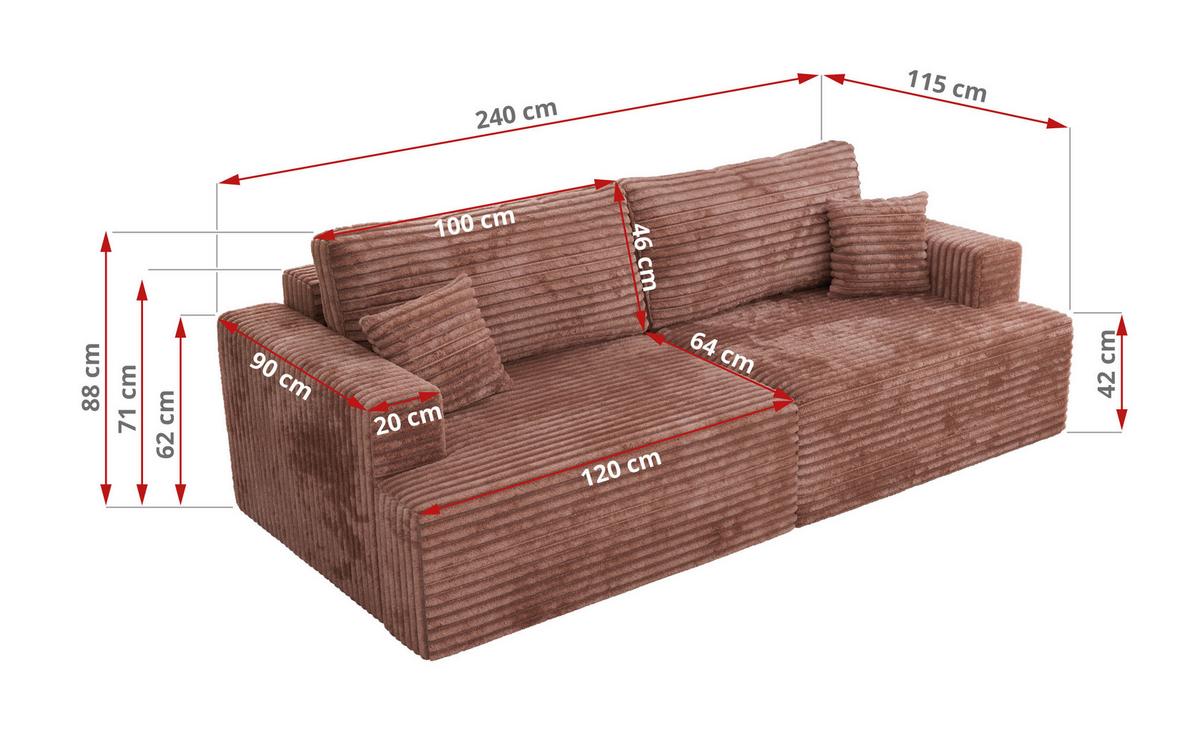 4-SITZER SOFA VIRELLA Rosa Cord - Schwarz/Rosa, Textil (240/88/115cm) - MKS