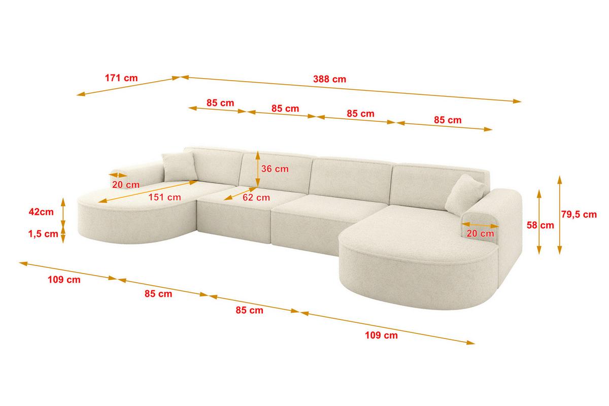 WOHNLANDSCHAFT MARI-U2 - 388x171x79 cm Creme Tissu - Creme/Schwarz, Holzwerkstoff/Kunststoff (388/79/171cm) - ALTDECOR