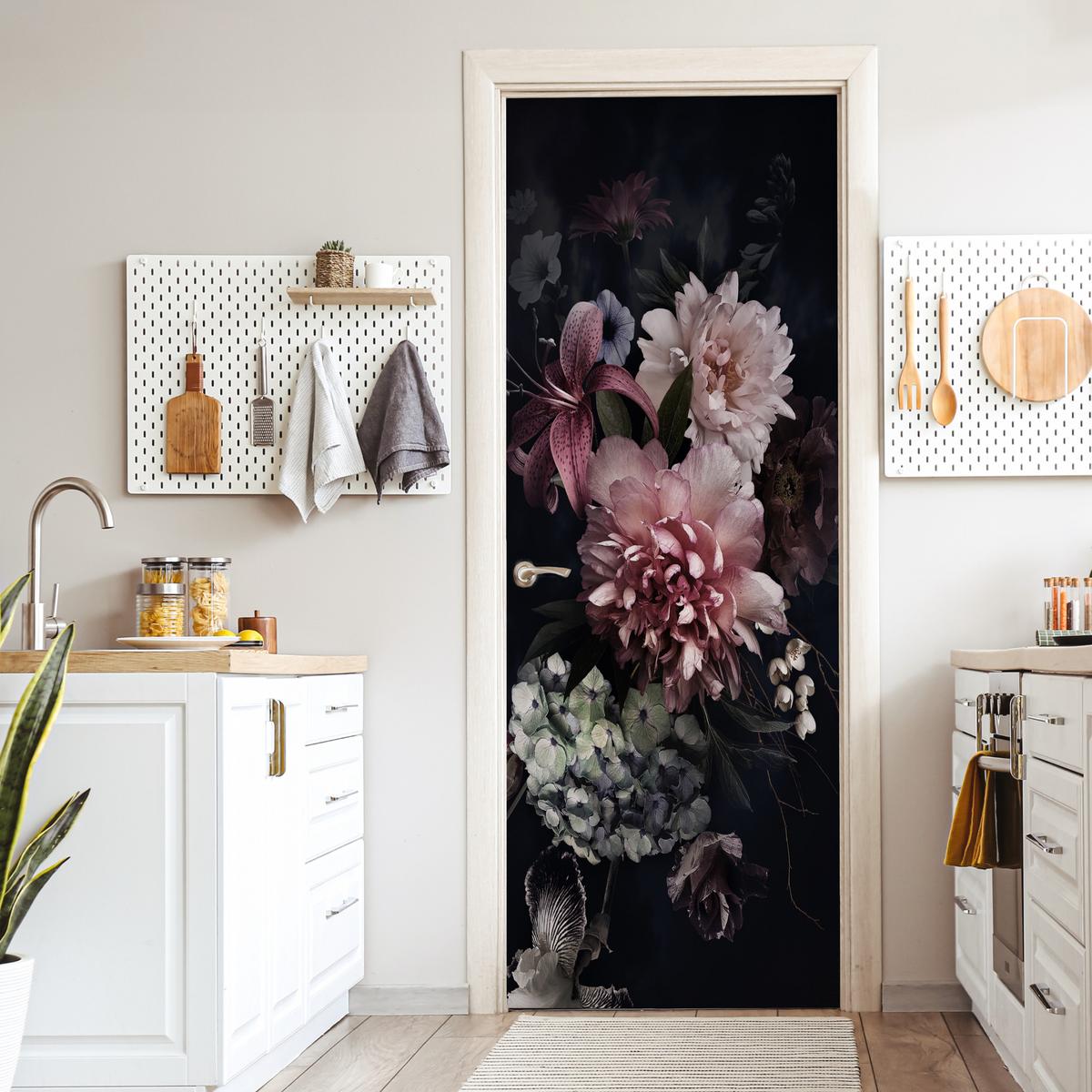 TÜRAUFKLEBER Blumen - Vintage - Pastell - Rosa - Weiß 90x235 cm - Türtapete - Altrosa, Kunststoff (90/0.1cm) - MuchoWow
