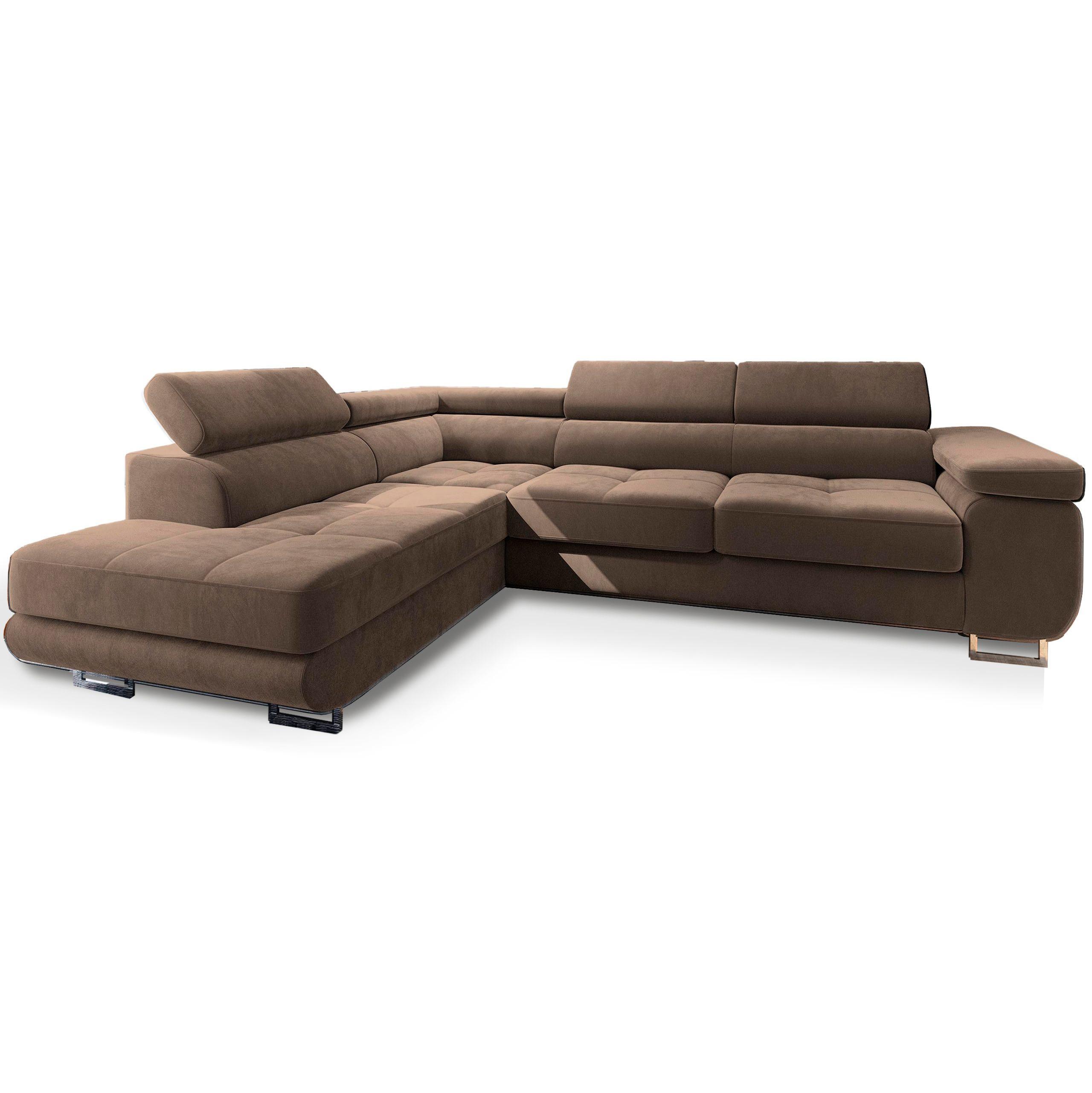 ECKSOFA SELVA L-S Beige Velours-Stoff mit Schlaffunktion - Beige/Silberfarben, Holz/Holzwerkstoff (275/202cm) - MASSENO