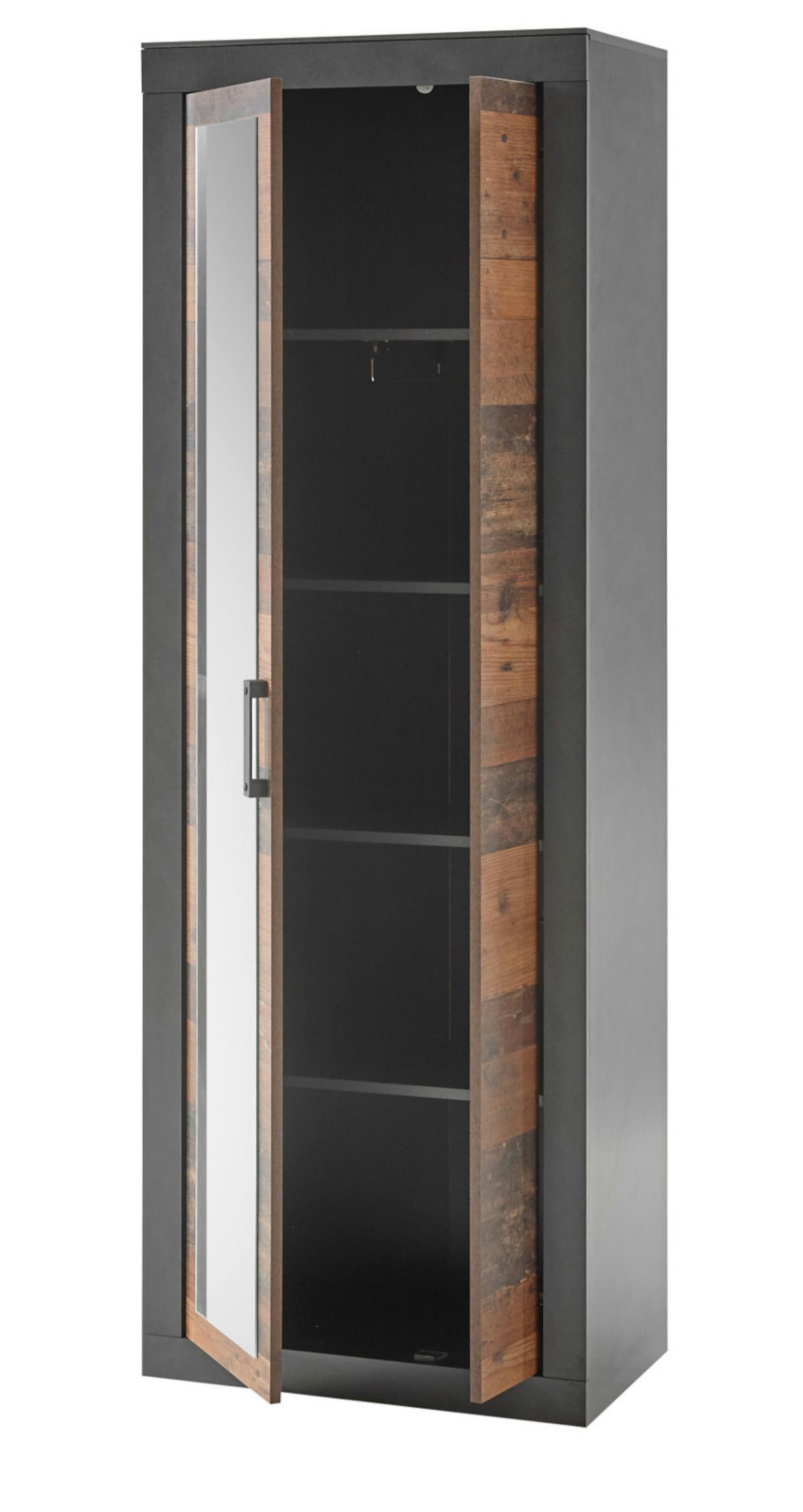 GARDEROBENSCHRANK Used Wood, Matera grau, großer Schuhschrank mit Spiegel - Schwarz/Naturfarben, Glas/Holzwerkstoff (65/201/42cm) - Furn.Design