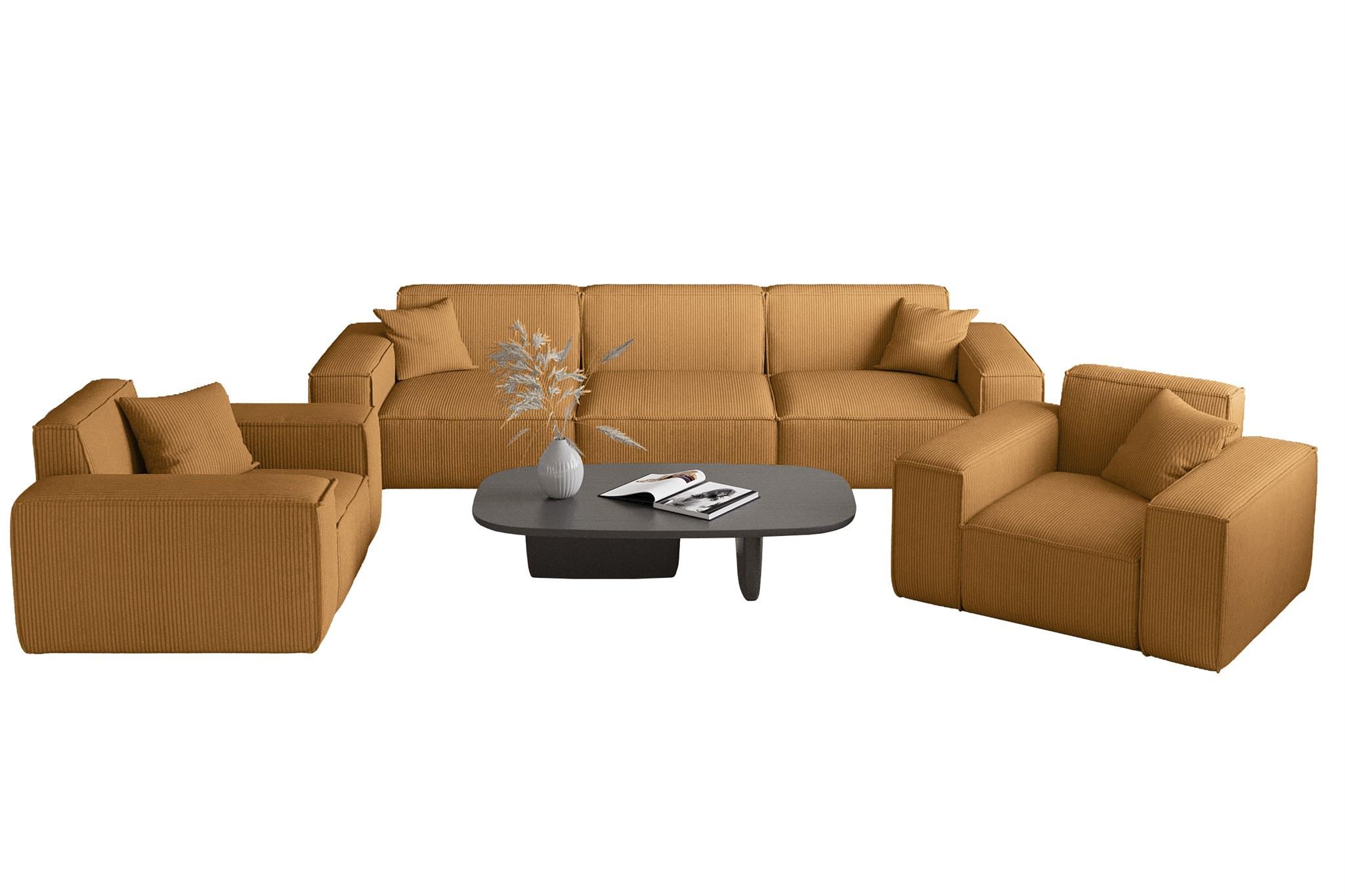 SOFASET Celes Premium 3-1-1 Stoff Scala - Currygelb, Holzwerkstoff/Textil (225/73/88cm) - Fun Möbel