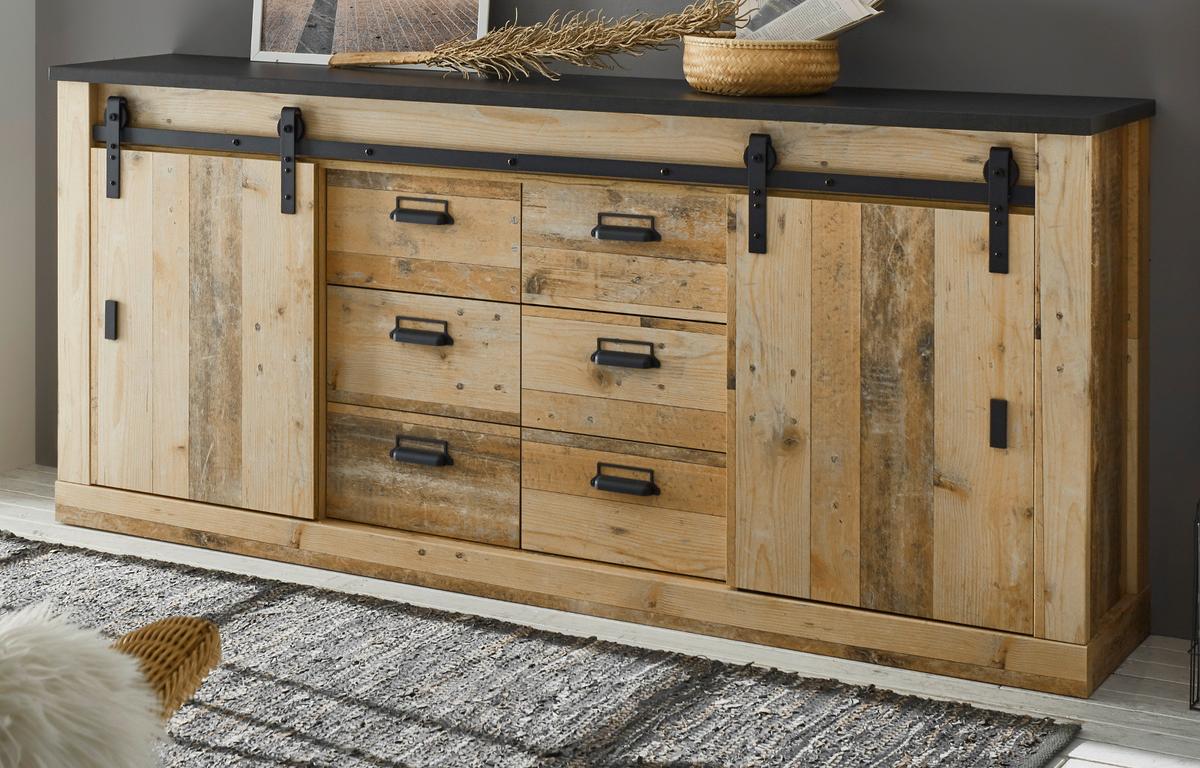 ESSZIMMER-SET Used Wood hell, anthrazit, Speisezimmer 3-teilig mit Buffetschrank, Esstisch Sideboard - Eichefarben/Anthrazit, Holzwerkstoff (334/201/80cm) - Furn.Design