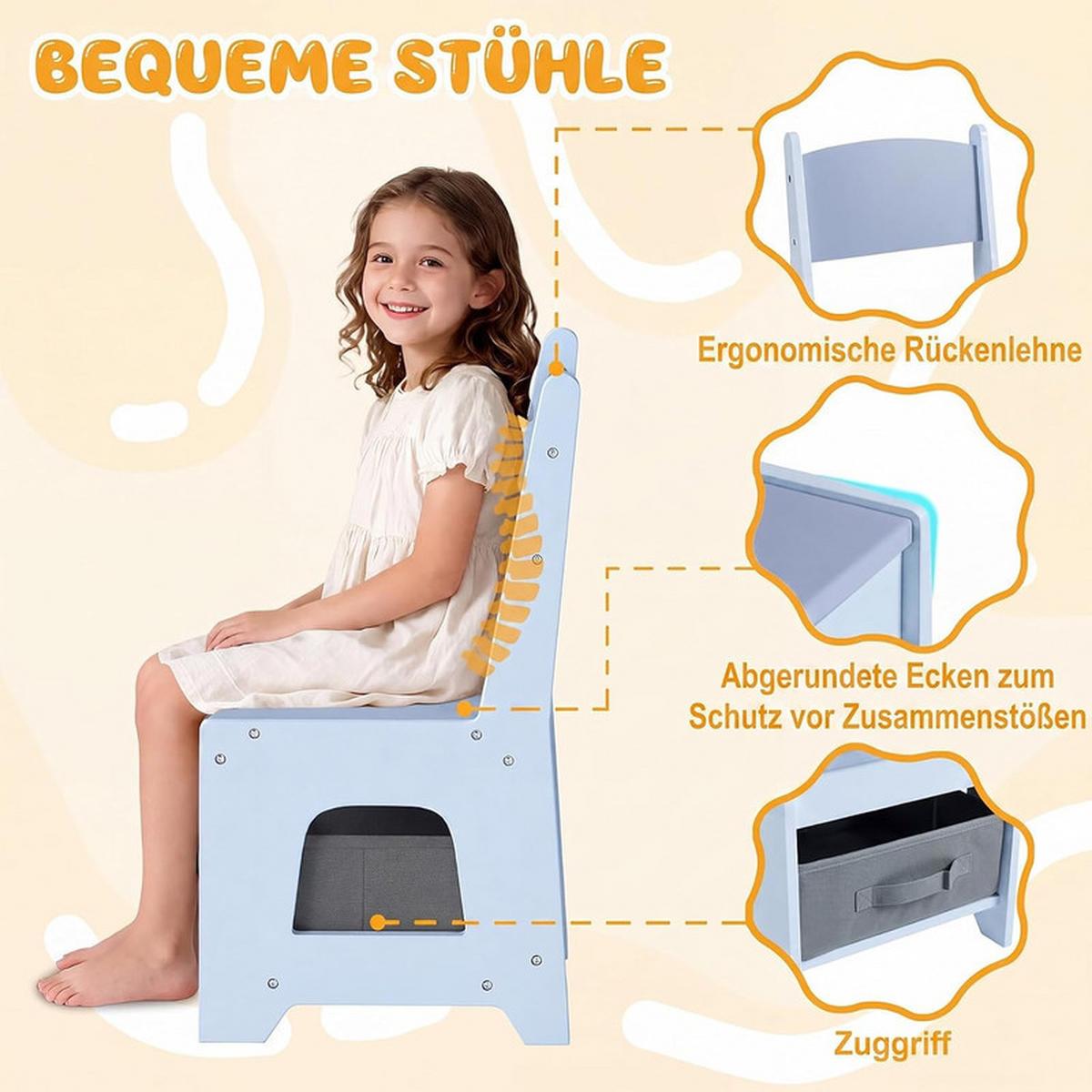 KINDERTISCH mit Stuhl blau(3-tlg) - Blau, Holzwerkstoff (62/56.5/62cm) - COSTWAY