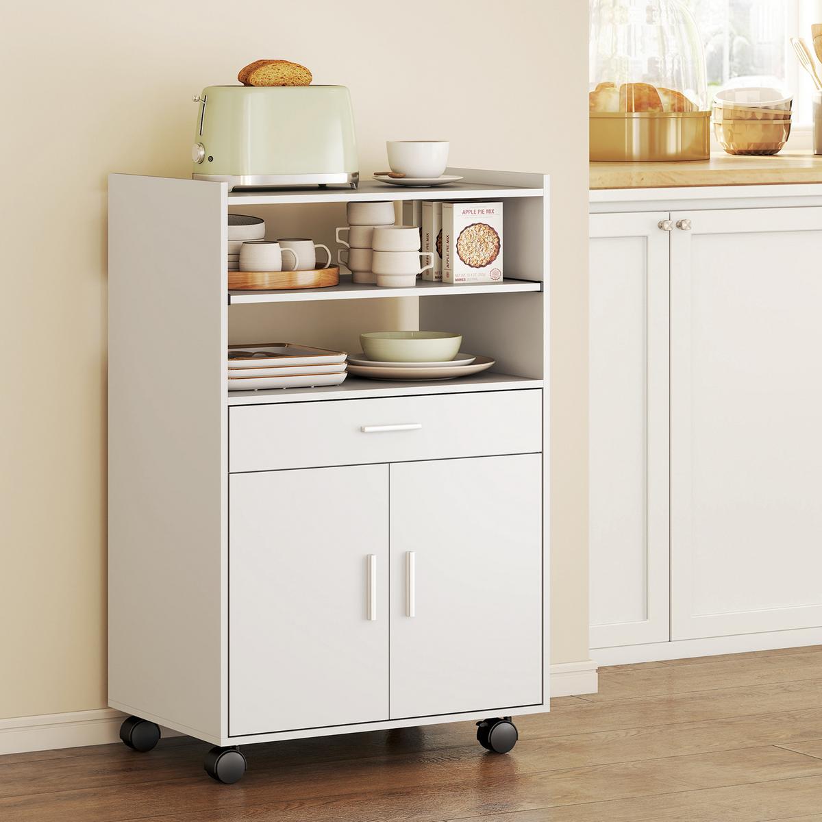 KÜCHENSCHRANK mit Rollen & Schublade Weiß - Weiß, Holzwerkstoff (40/92/59cm) - HOMCOM