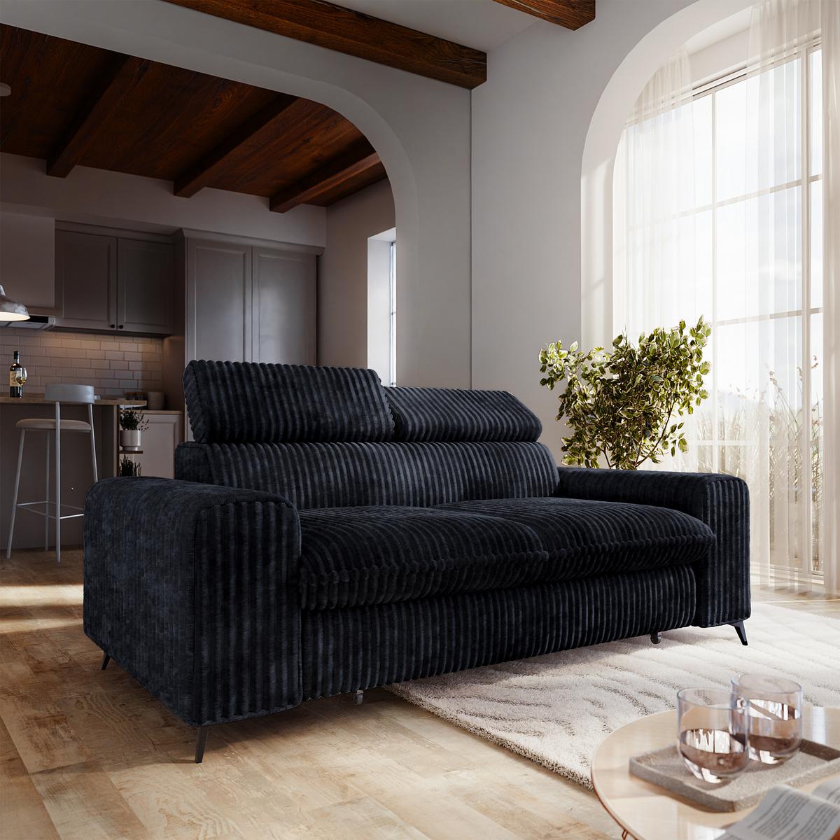 BETTSOFA BENETE Schwarz Cordstoff mit Schlaffunktion - Schwarz, Holz/Textil (191/89/92cm) - MASSENO