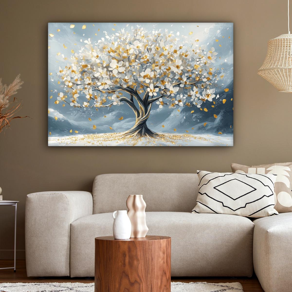 LEINWANDBILD Baum - Winter - Baum des Lebens - Modern - Gold XXL 150x100 cm - Goldfarben, Textil (150/100cm) - MuchoWow