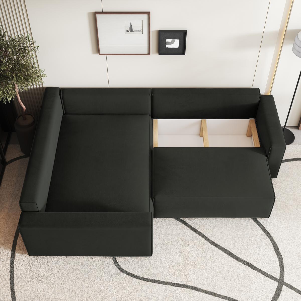 ECKSOFA ERONIS L-S Schwarz Velours-Stoff mit Schlaffunktion - Schwarz, Holz (265/194cm) - MASSENO